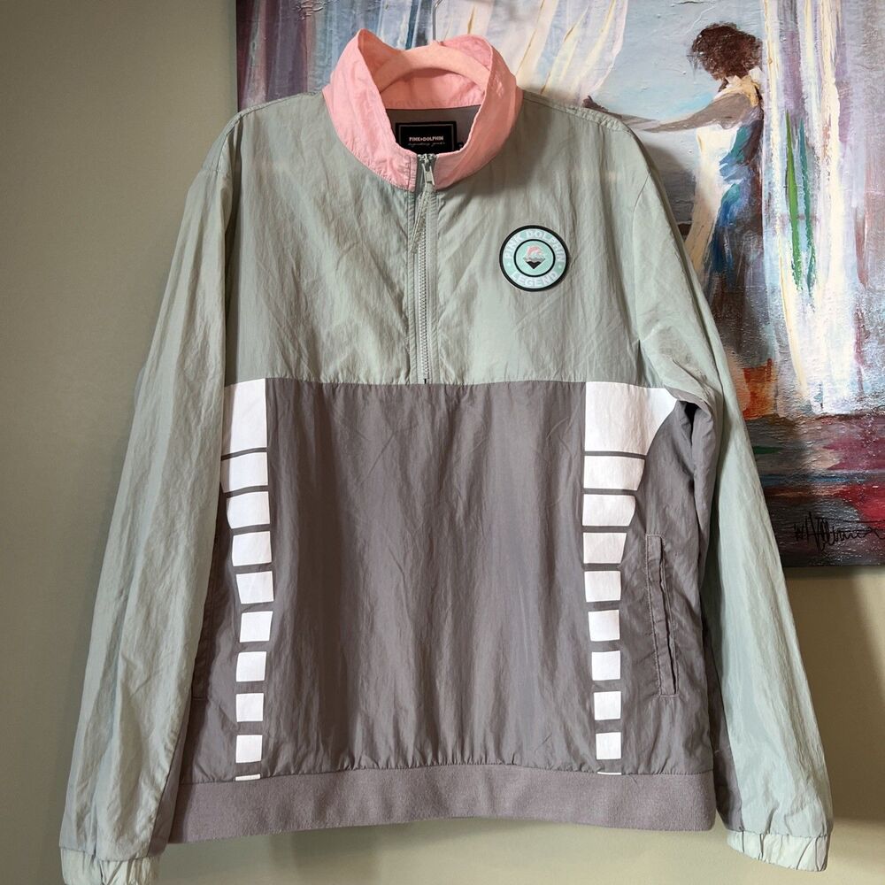 Y2K Pink Dolphin Legendary Goods Men’s Windbreaker Jacket Pink Gray Green Sz L